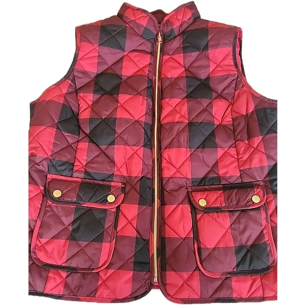 St Johns Bay Womens Quilted Puffer Vest XXL Red Black Buffalo Plaid Preppy Trad - Picture 2 of 13